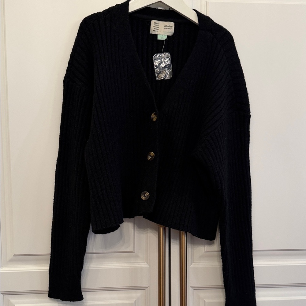 Saturday Sunday by Anthropologie Black Ribbed Button-Up super soft cardi XS nwt